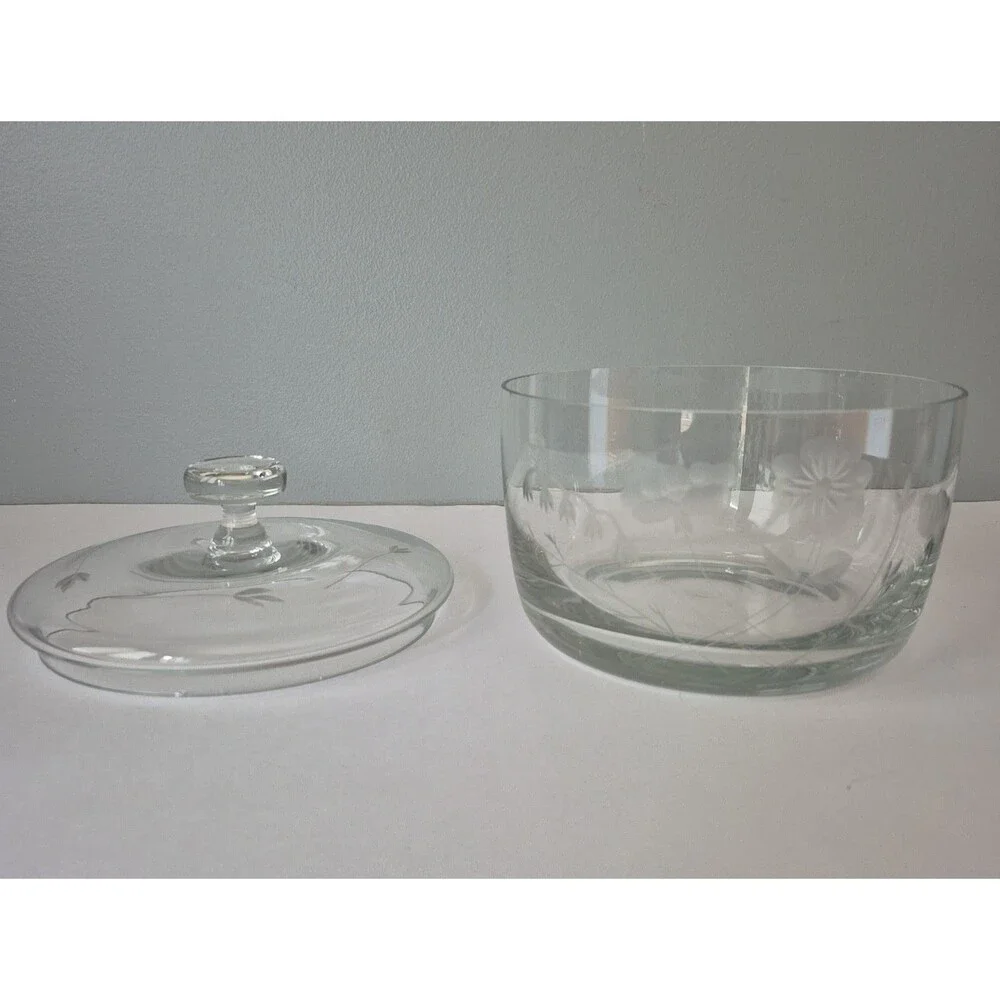 VTG Princess House Heritage Crystal Etched Floral Covered Dishes Bowls Set of 2